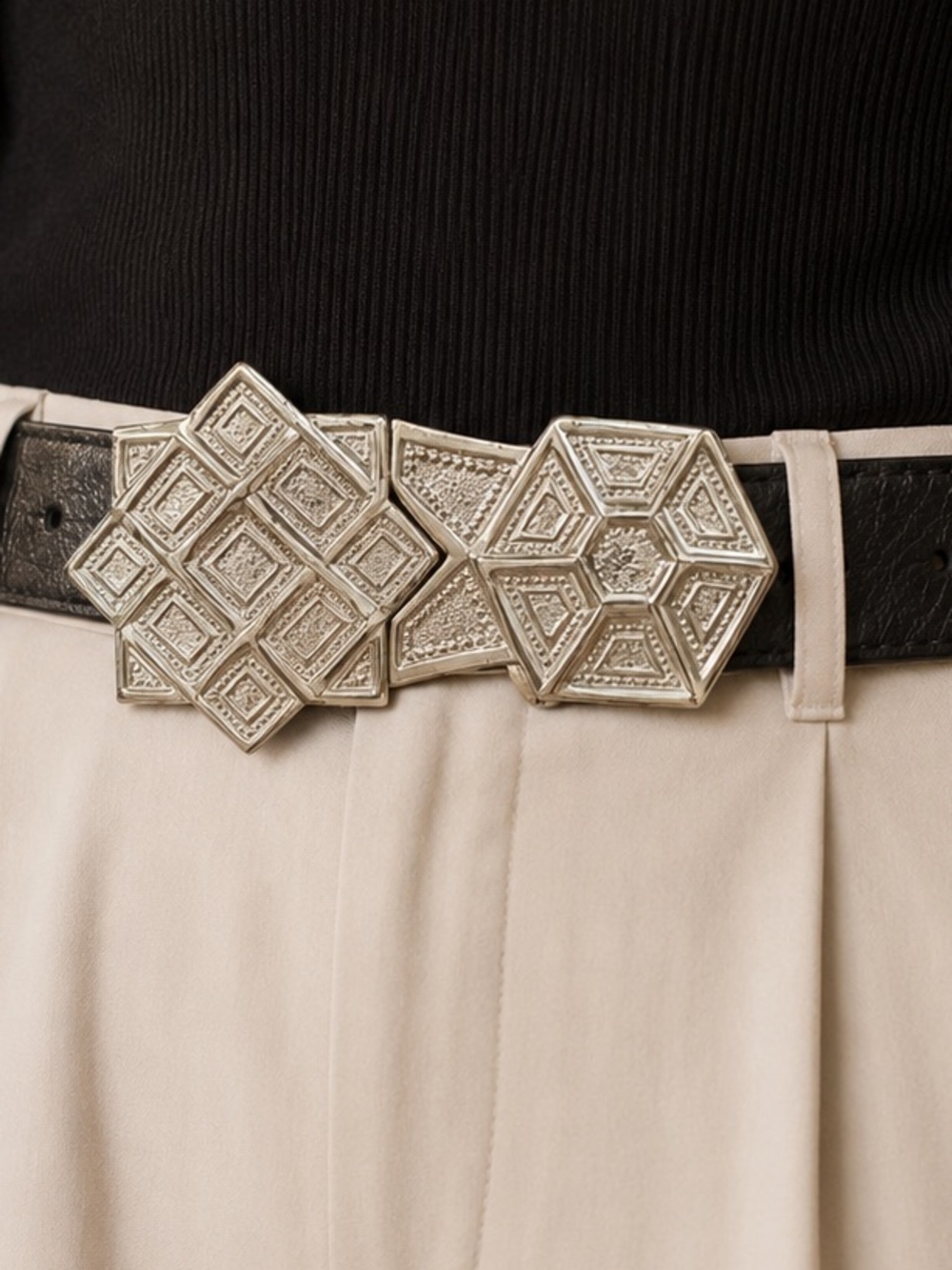 Alexis Kirk Signed Vintage Modernist Geometric Belt Buckle Silver Tone